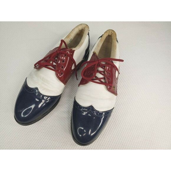 Vintage 60s Patent Leather Golf Shoes Oxfords Mens 9.5 Red White Blue USA - Picture 4 of 12